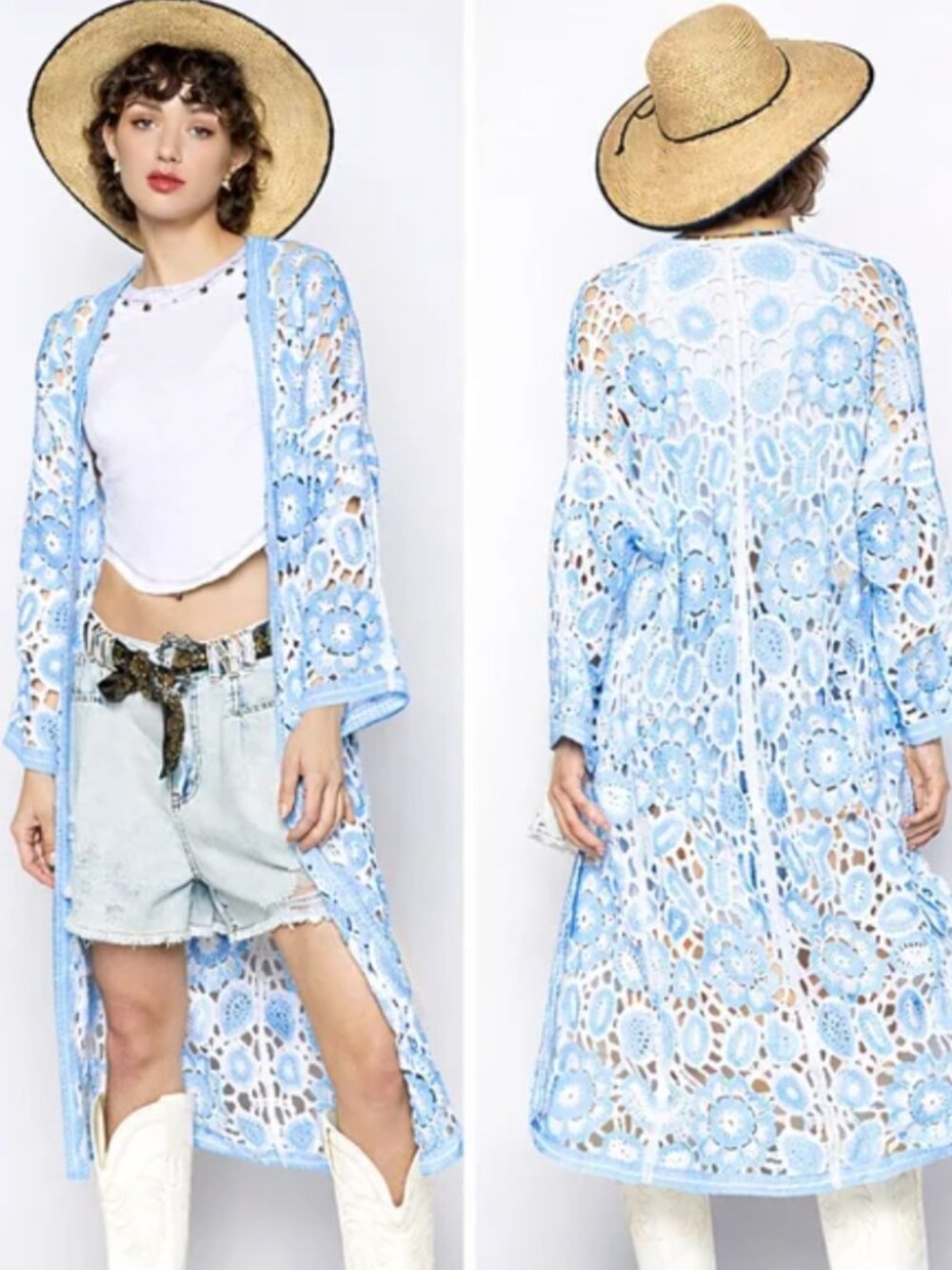 POL Blue Floral Crochet Long Duster Cardigan Boho Open Knit One Size Lightweight